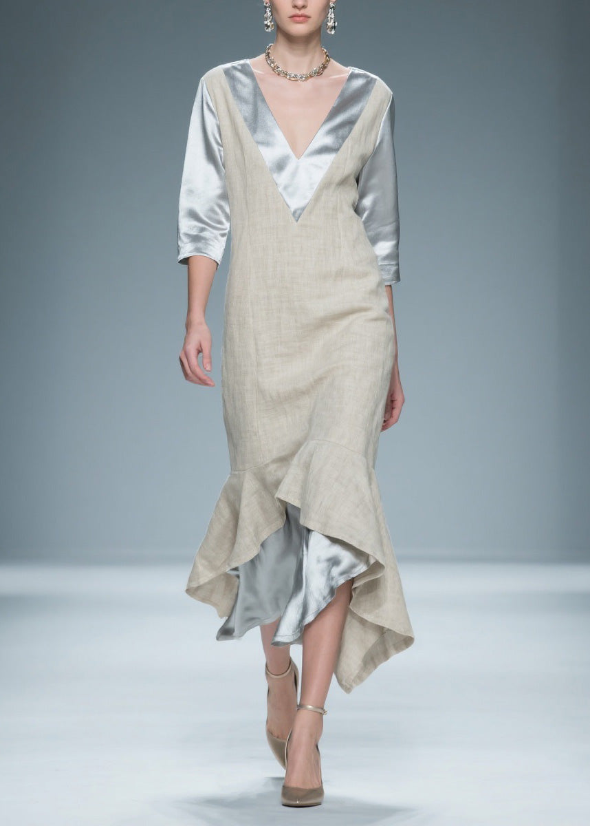 Deep V-Neck Metallic Satin Sleeve Woven Panel Tiered Midi Dress - View 5