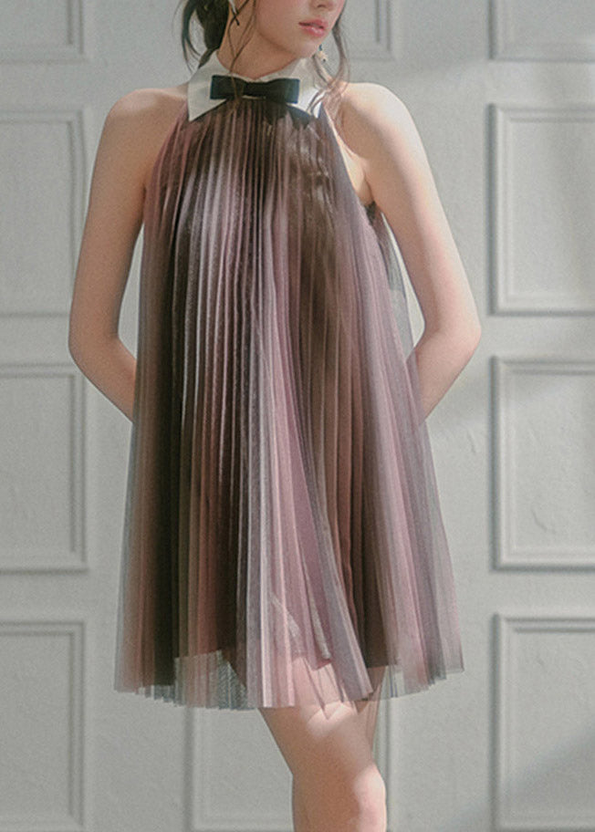Mesh Pleated Peter Pan Collar Bow Tie Halter Neck Mini Dress - View 3