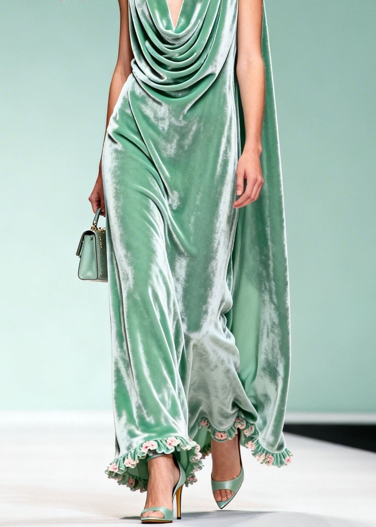 Chic Draped Neckline Ruffled Floral Patchwork Velvet Dress Sleeveless - View 4