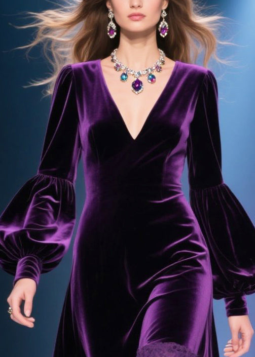 Chic Dull Purple V Neck Patchwork Silk Velvet Maxi Dresses Lantern Sleeve - View 2