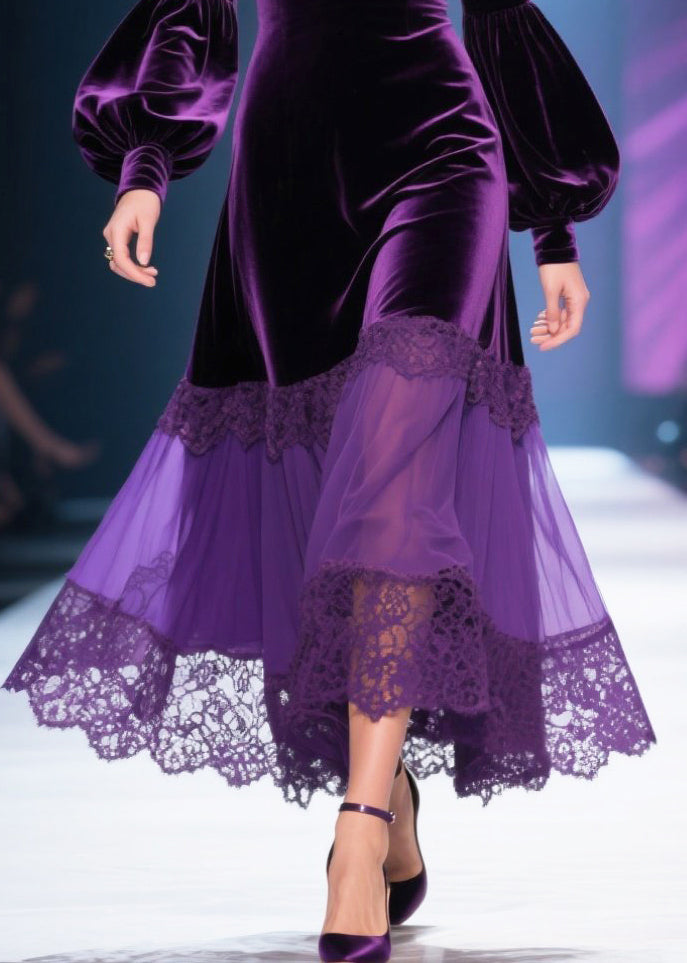 Chic Dull Purple V Neck Patchwork Silk Velvet Maxi Dresses Lantern Sleeve - View 4