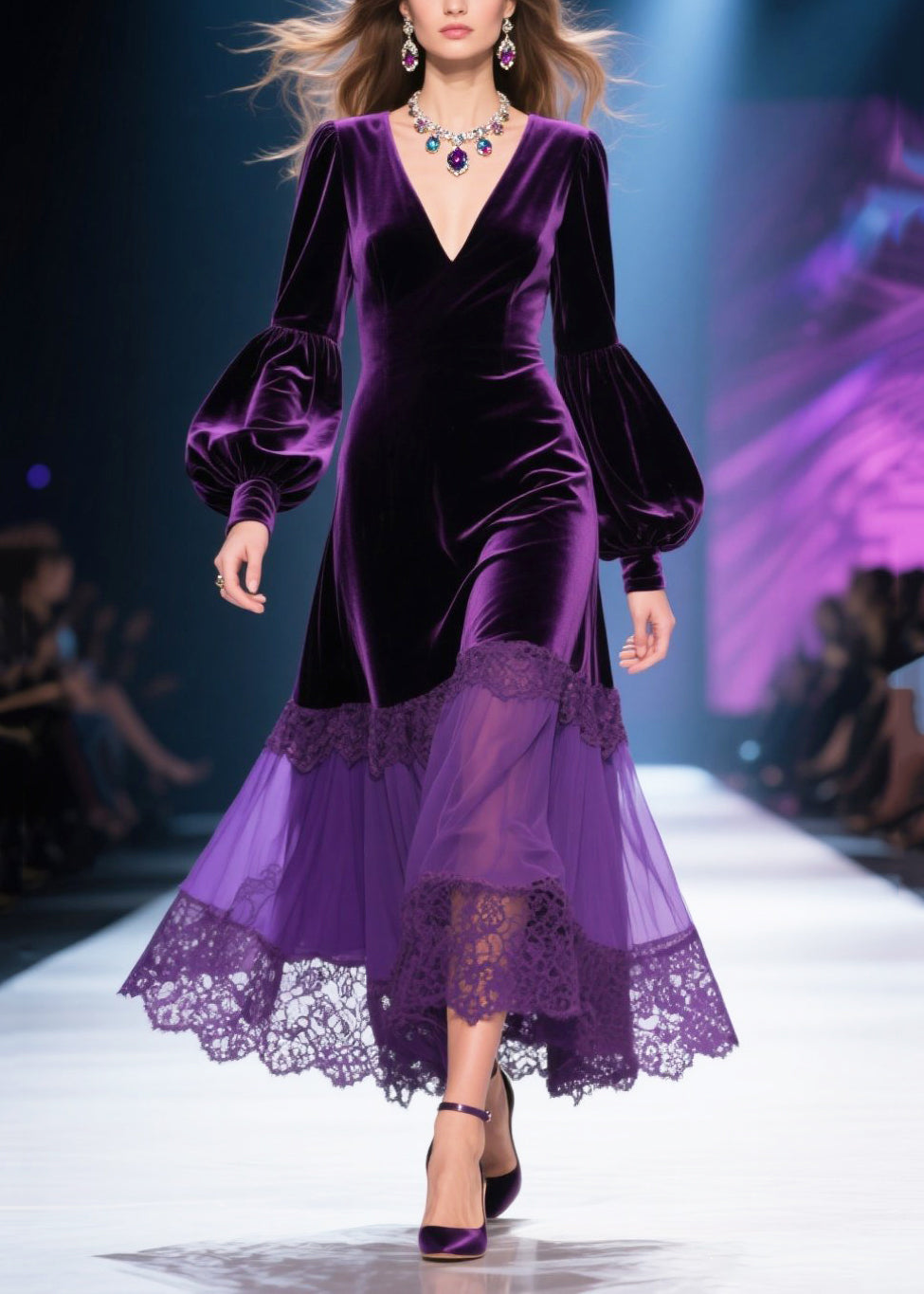 Chic Dull Purple V Neck Patchwork Silk Velvet Maxi Dresses Lantern Sleeve - View 5