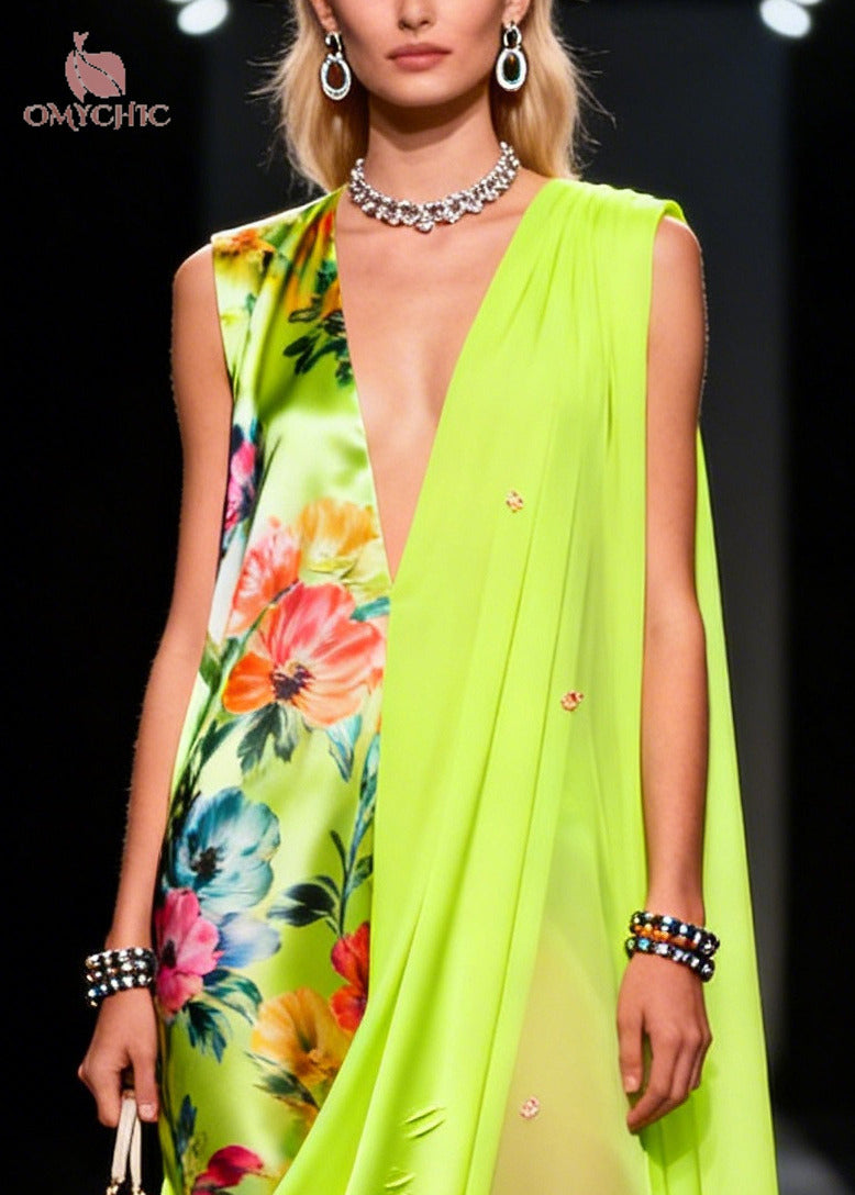 Floral Deep V-Neck Sleeveless High Split Satin Chiffon Maxi Dress - View 2