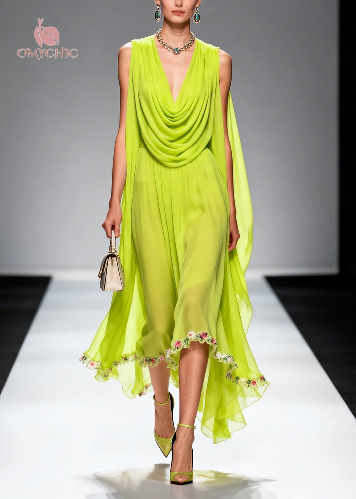 Cowl Neck Draped Shoulder Cape Floral Embroidered Hem Midi Dress - View 3