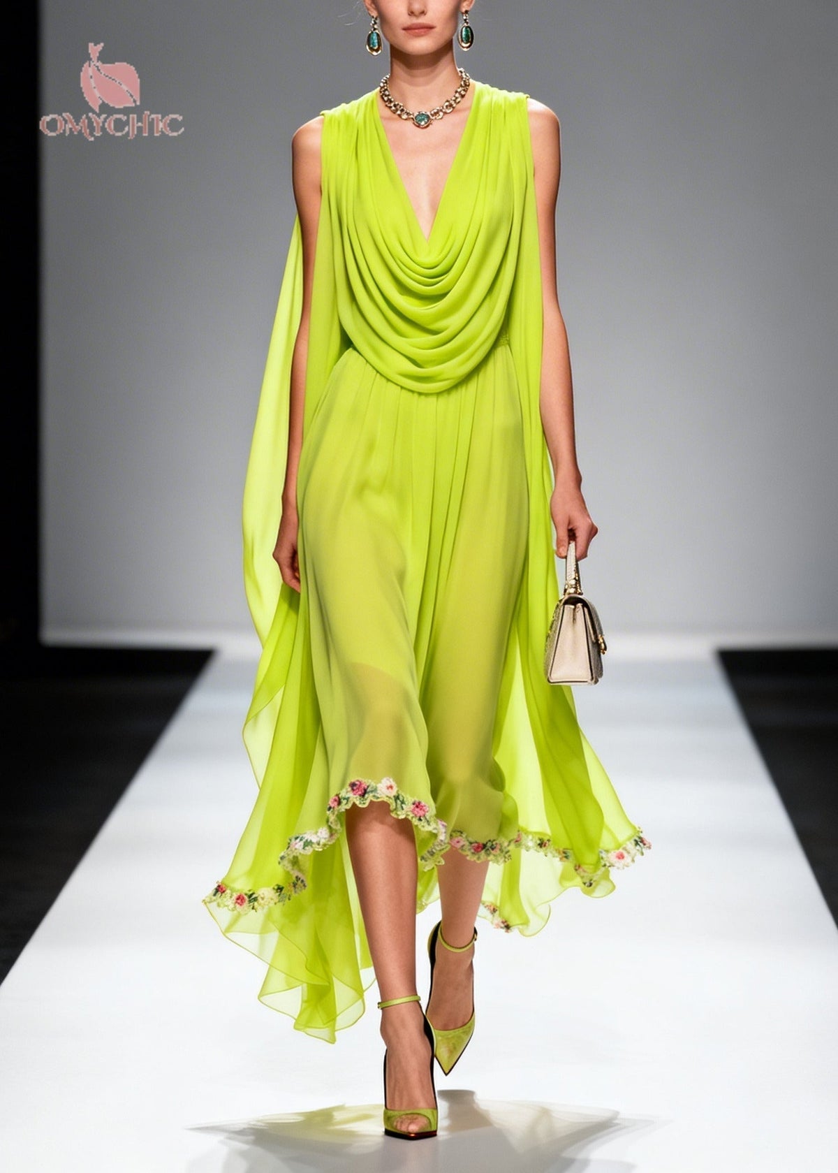 Cowl Neck Draped Shoulder Cape Floral Embroidered Hem Midi Dress - View 5