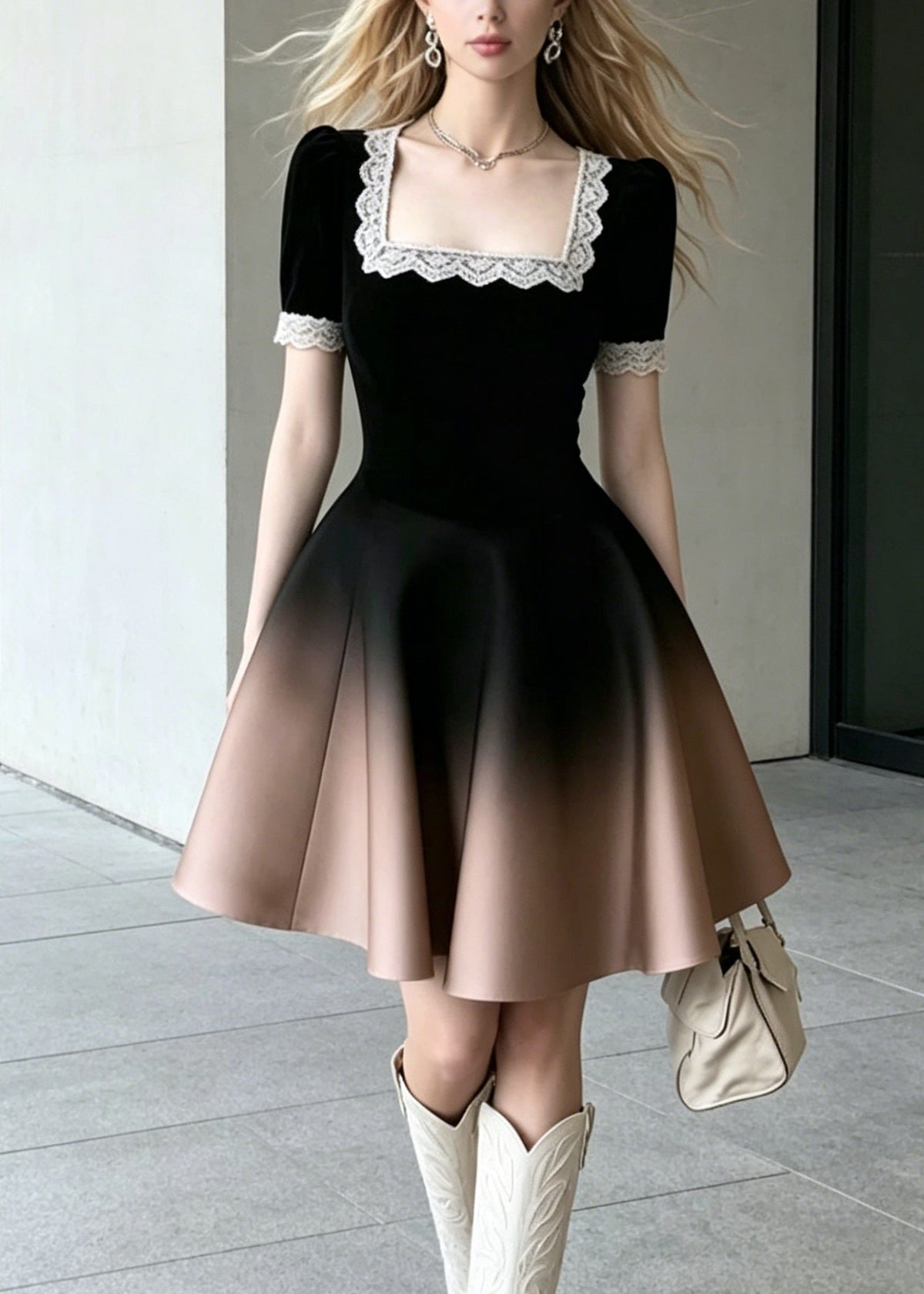 Velvet Square Neck Lace Trim Puff Sleeve Ombre Mini Dress - View 5