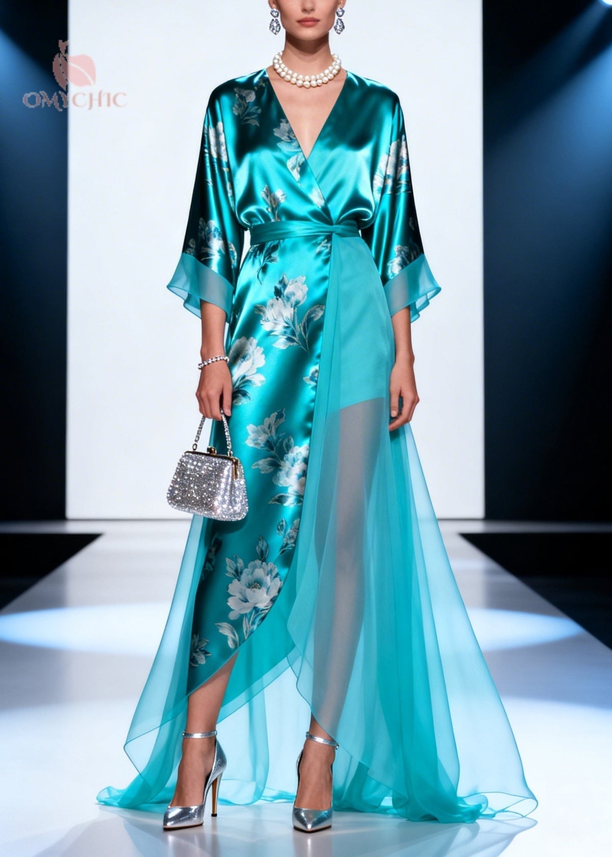 Floral Print Wrap Deep V-Neck Sleeve Tie Waist High Low Maxi Gown