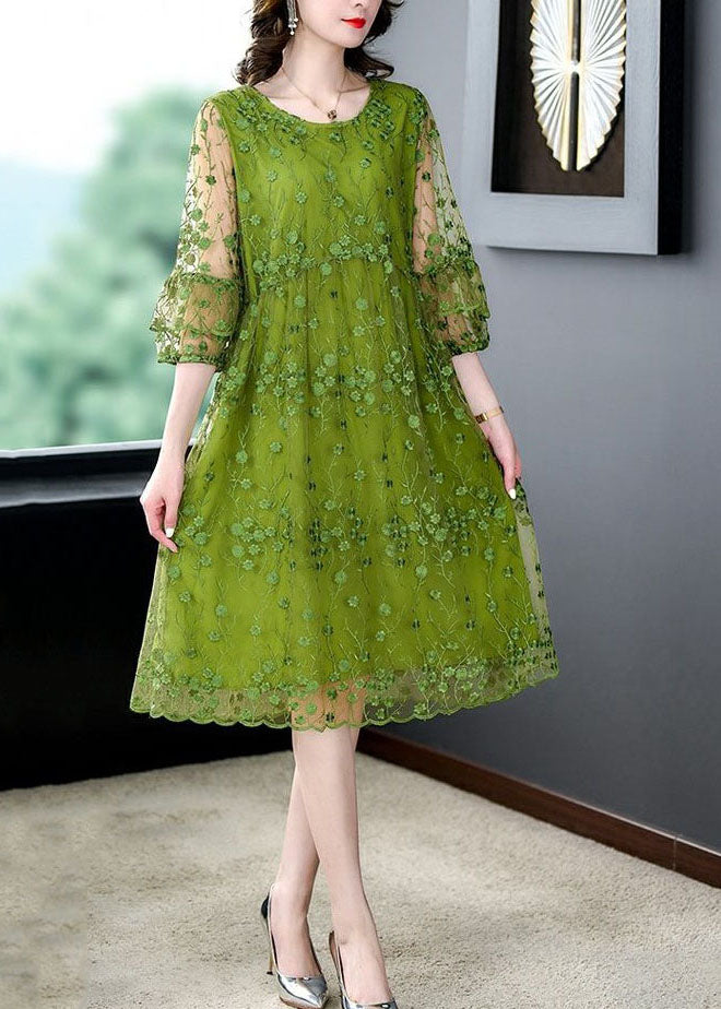 Floral Embroidered Mesh Overlay Round Neck A-Line Midi Dress - View 2