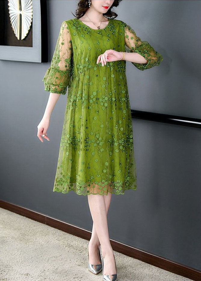 Floral Embroidered Mesh Overlay Round Neck A-Line Midi Dress - View 3