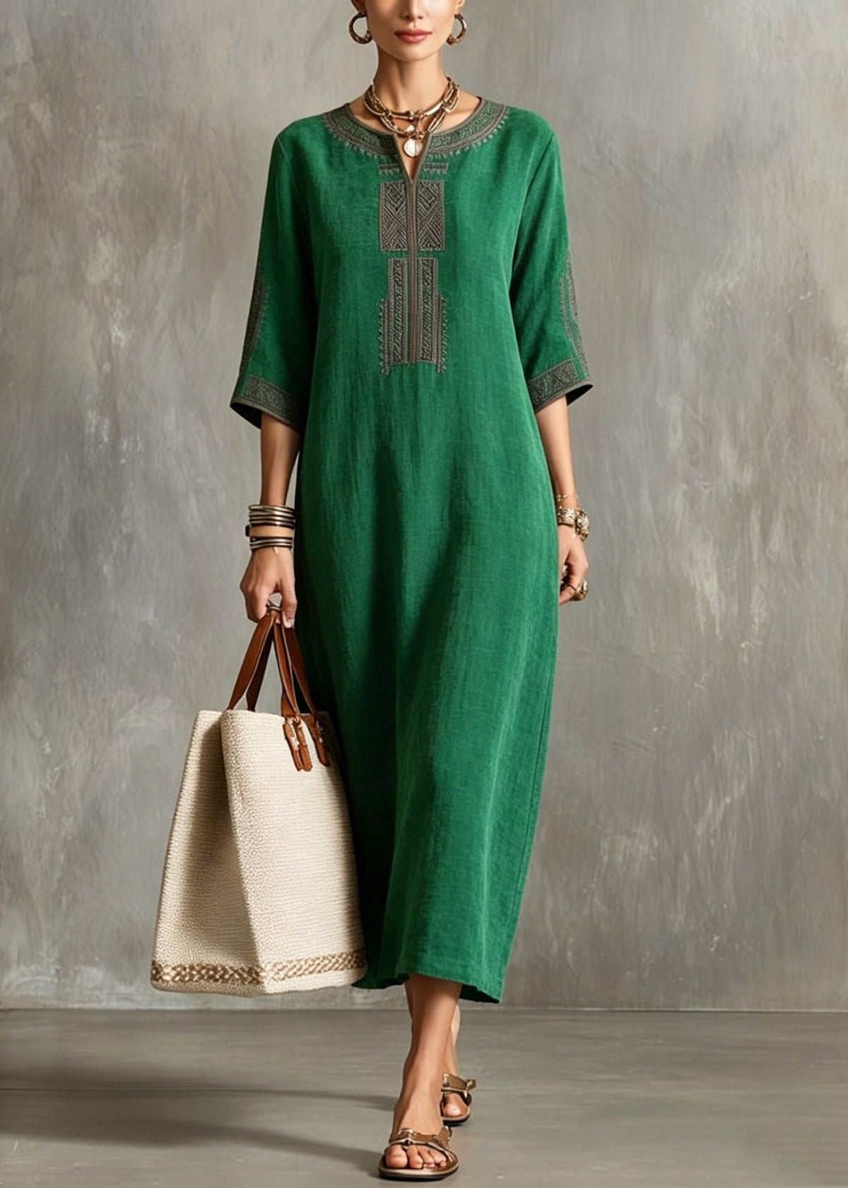 Embroidered V-Neck Three Quarter Sleeve Geometric Trim Midi Dress