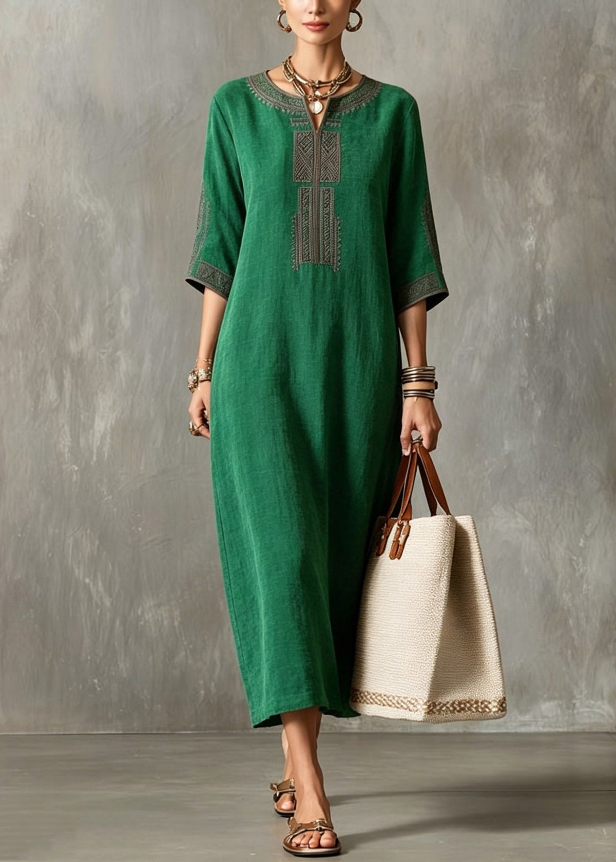 Embroidered V-Neck Three Quarter Sleeve Geometric Trim Midi Dress - View 3