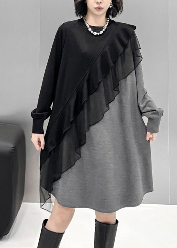 Knit Colorblock Crew Neck Mesh Ruffle Diagonal Trim Sweater Mini Dress