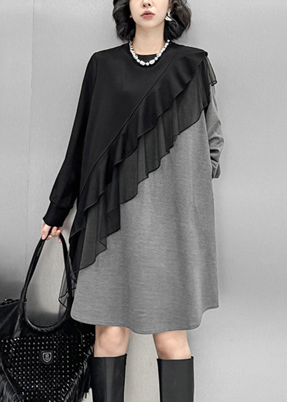 Knit Colorblock Crew Neck Mesh Ruffle Diagonal Trim Sweater Mini Dress - View 2