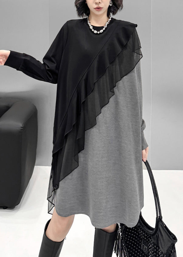 Knit Colorblock Crew Neck Mesh Ruffle Diagonal Trim Sweater Mini Dress - View 3