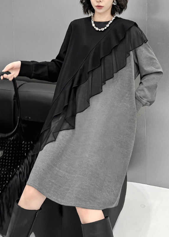 Knit Colorblock Crew Neck Mesh Ruffle Diagonal Trim Sweater Mini Dress - View 4