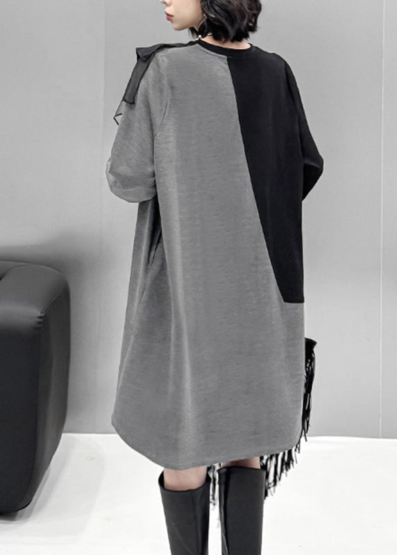 Knit Colorblock Crew Neck Mesh Ruffle Diagonal Trim Sweater Mini Dress - View 5
