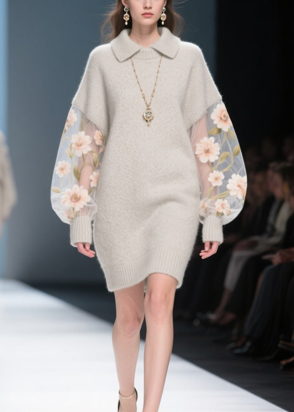 Knit Spread Collar Tulle Floral Embroidered Balloon Sleeve Mini Dress