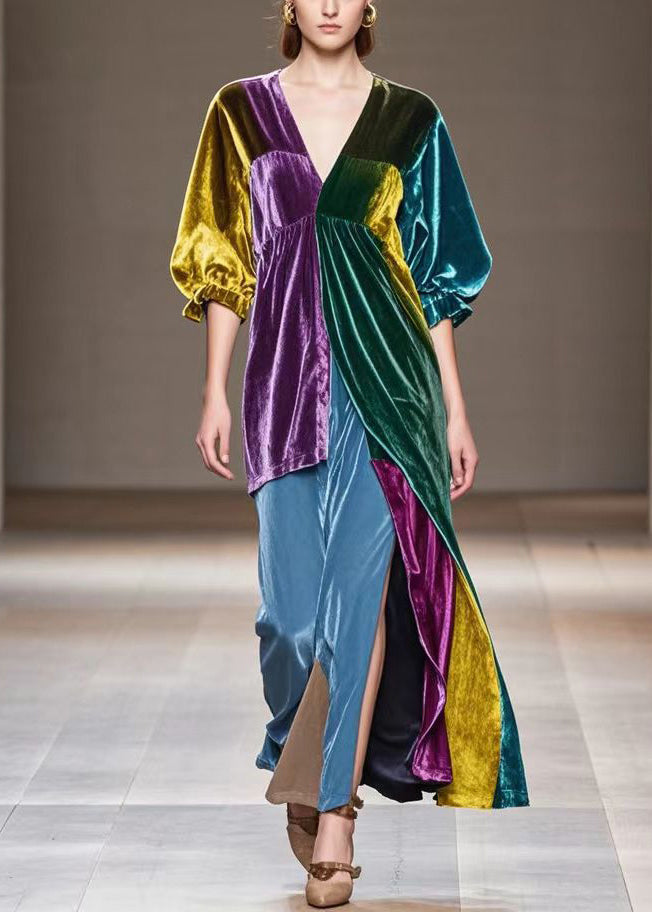 Velvet Patchwork Deep V-Neck Puff Sleeve High Split Maxi Gown - View 3