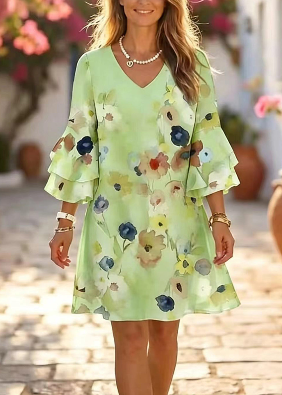 Chic Pink V Neck Print Chiffon Mini Dress Summer - View 2