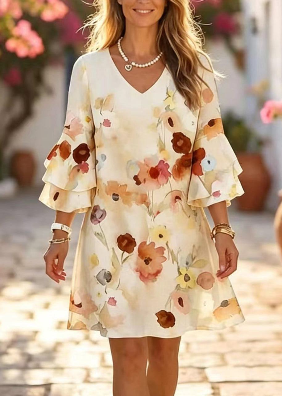 Chic Pink V Neck Print Chiffon Mini Dress Summer - View 5