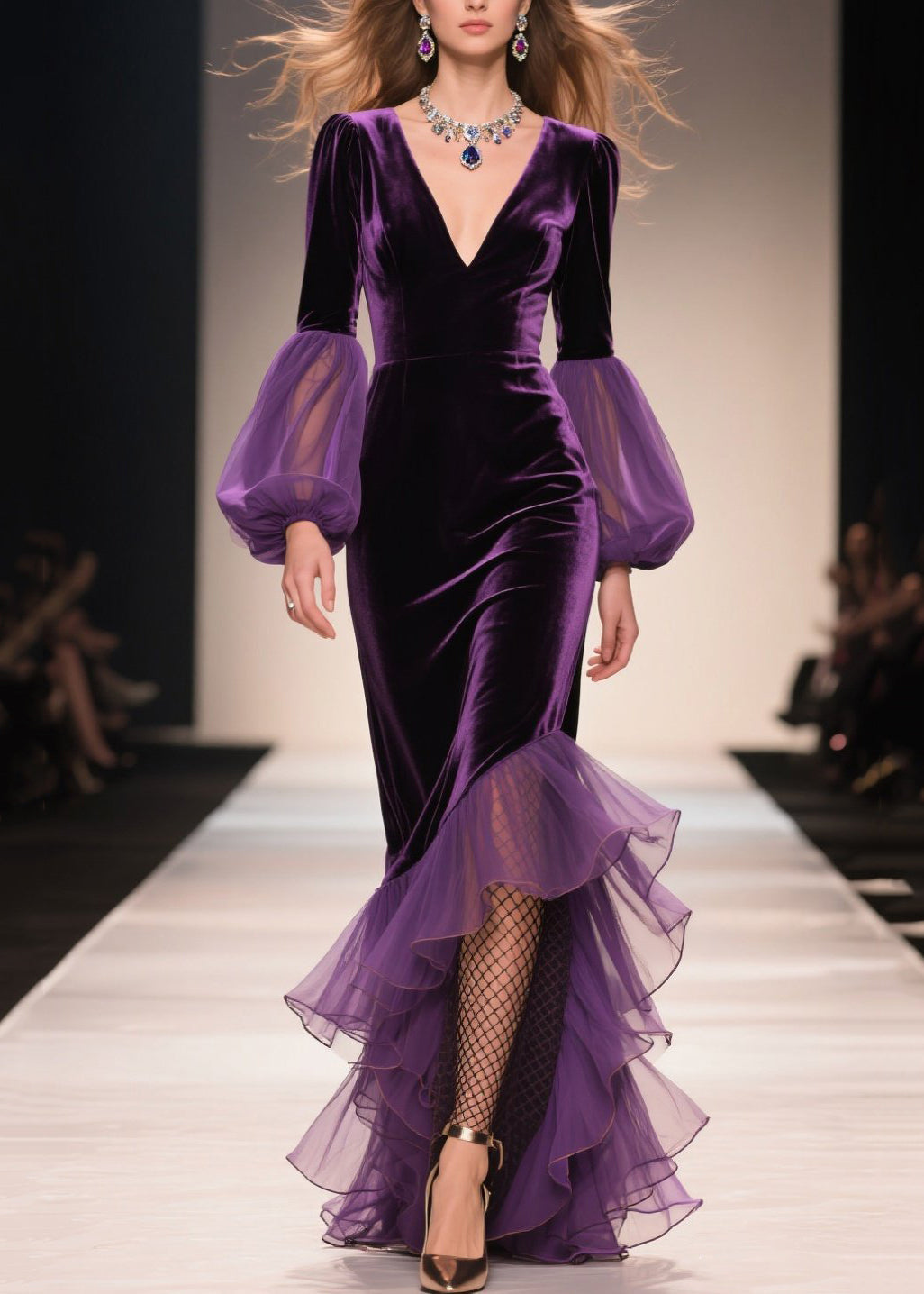 Chic Purple V Neck Asymmetrical Ruffled Patchwork Velvet Dresses Fall - View 5