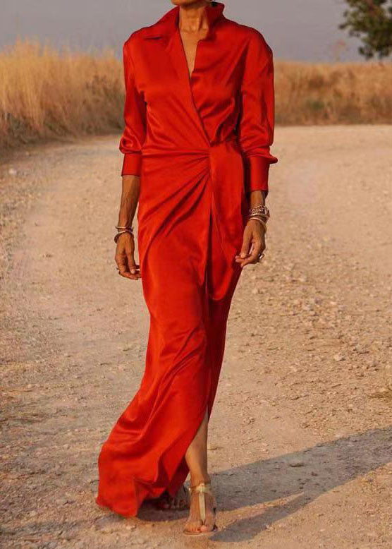 Satin Peter Pan Collar Deep V-Neck Long Sleeve Tie Waist High Split Maxi Dress
