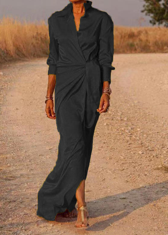 Satin Peter Pan Collar Deep V-Neck Long Sleeve Tie Waist High Split Maxi Dress - View 2