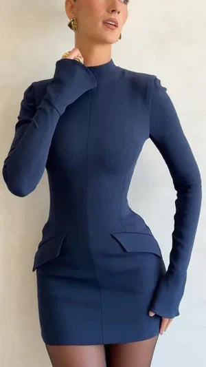 Mock Neck Long Sleeve Peplum Hem Bodycon Mini Dress