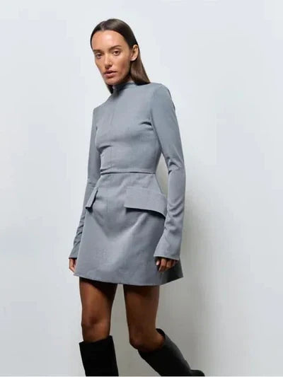 Mock Neck Long Sleeve Peplum Hem Bodycon Mini Dress - View 6