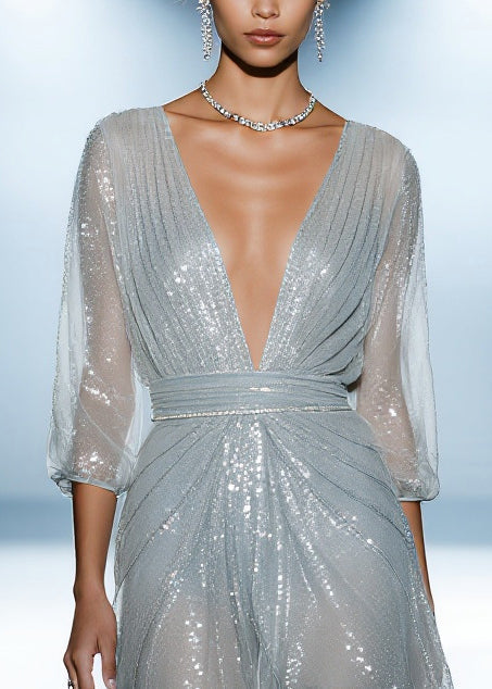 Sequin Tulle Deep V-Neck Three Quarter Sleeve Ruched Midi Dress - View 2
