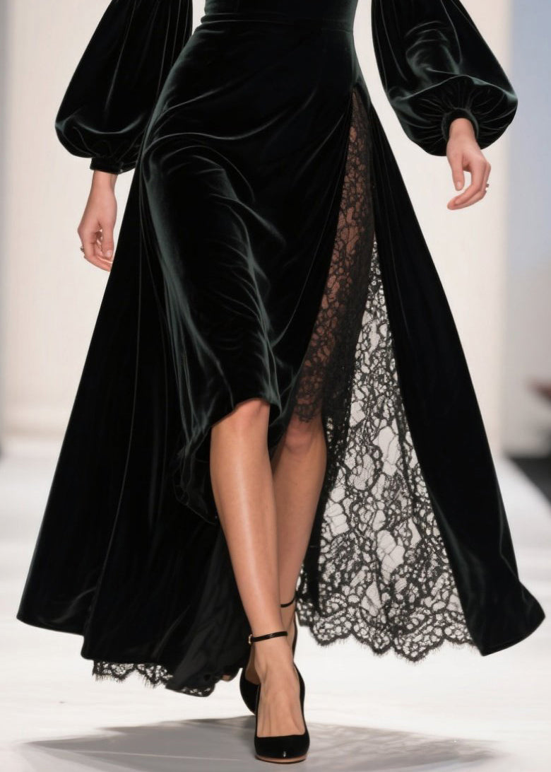 Velvet Square Neck Bishop Sleeve Lace Trim High Split Maxi Gown - View 4