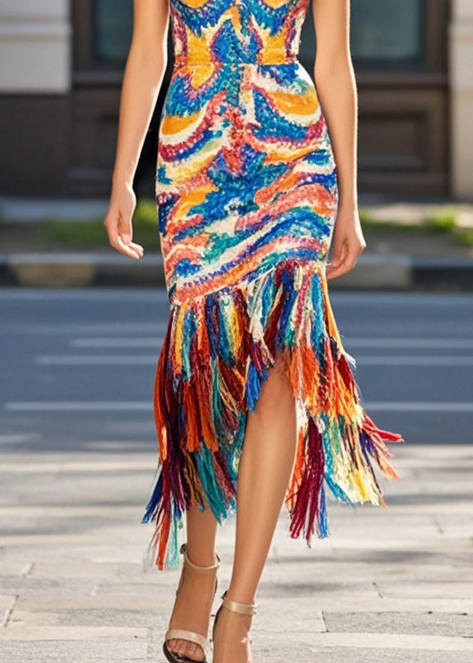 Abstract Wave Print Deep V-Neck Bodycon Midi Party Dress - View 4