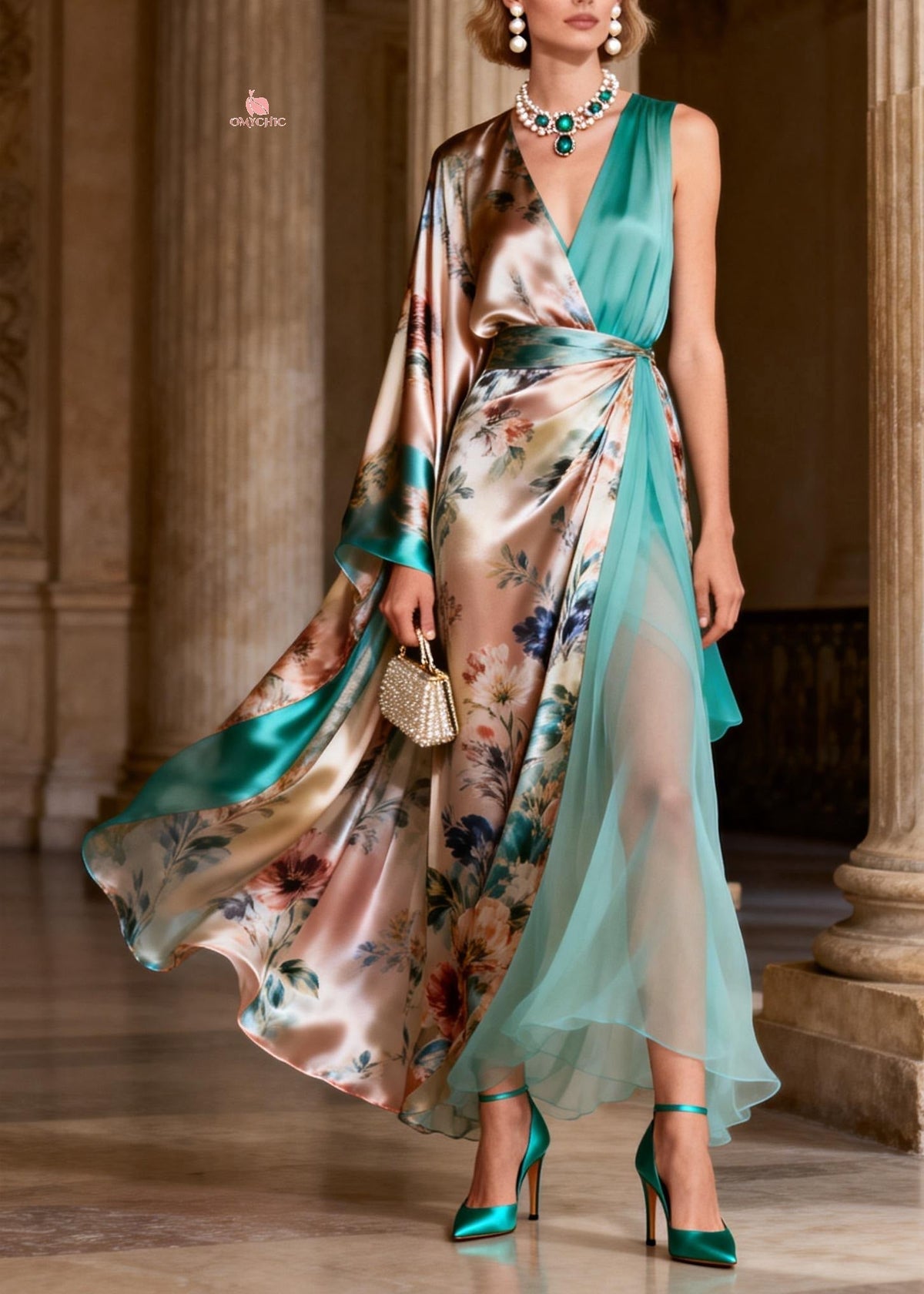 Floral Print Deep V-Neck One Sleeve Cape Wrap High Split Maxi Dress - View 5