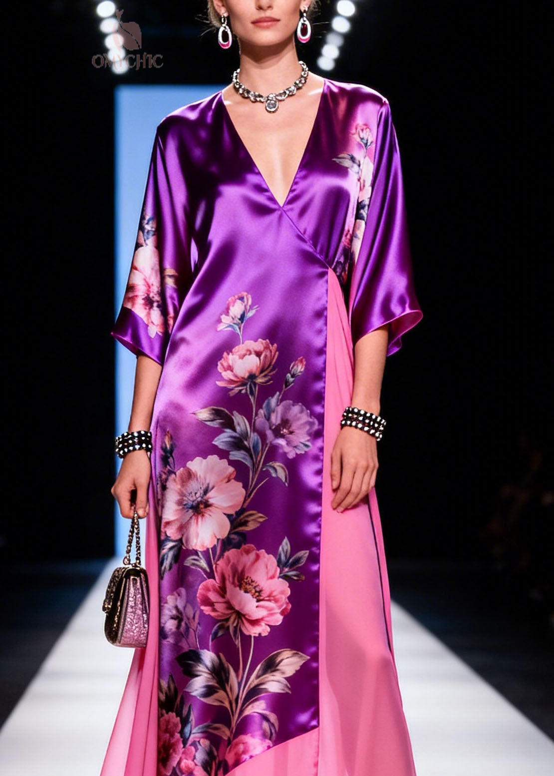 Satin Floral Print Wrap Deep V-Neck Sleeve Sheer Panel Maxi Gown - View 2