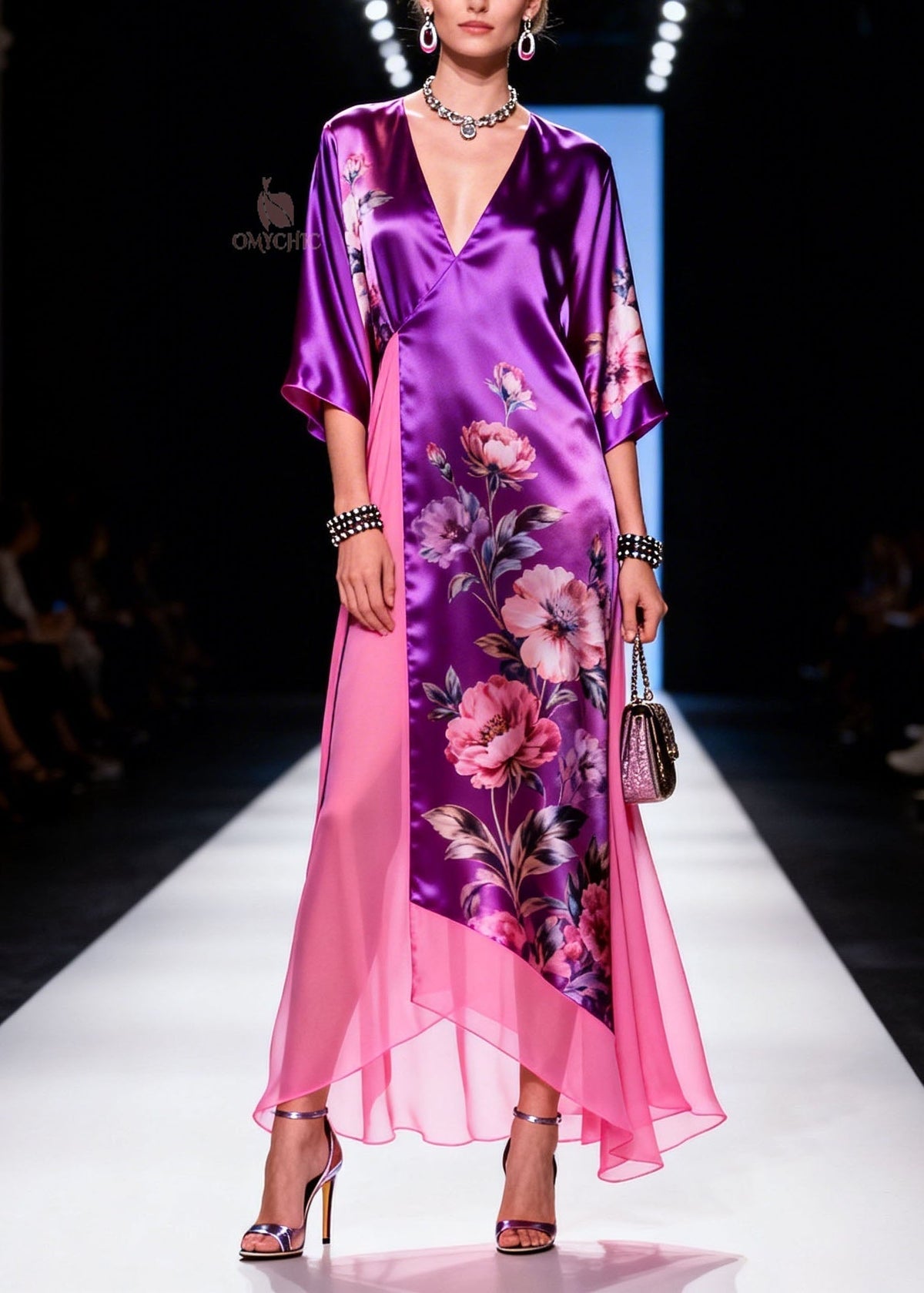 Satin Floral Print Wrap Deep V-Neck Sleeve Sheer Panel Maxi Gown - View 3