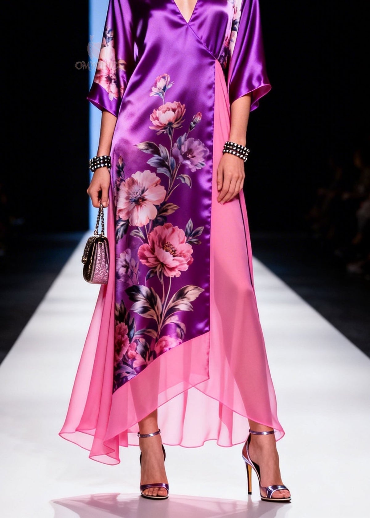 Satin Floral Print Wrap Deep V-Neck Sleeve Sheer Panel Maxi Gown - View 4