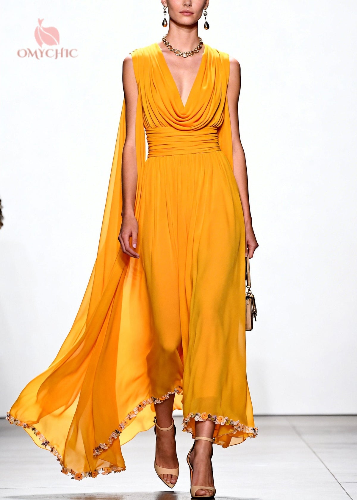 Cowl Neck Deep V-Neck Ruched Waist Shoulder Cape Floral Gown - View 3