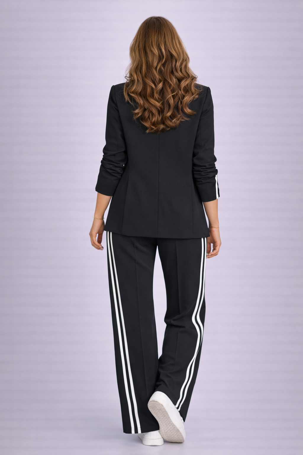 Notched Lapel Blazer and Side Stripe Wide Leg Pants Two Piece Set 2