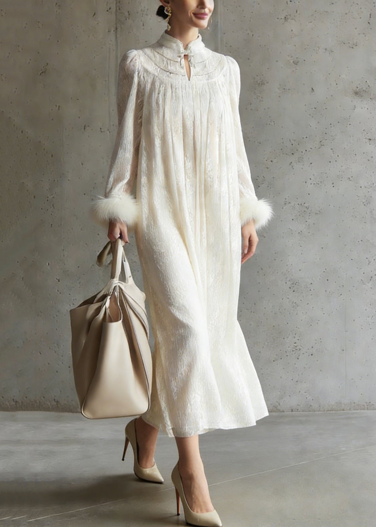 Crinkled Mandarin Collar Pintuck Pleated Fur Cuff Maxi Dress