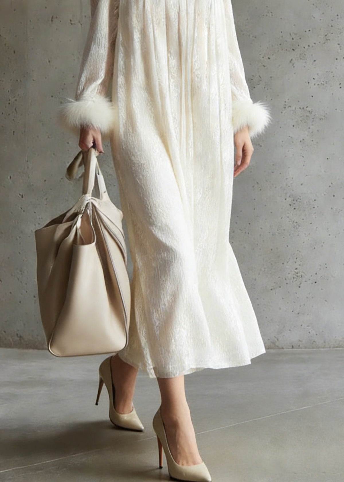Crinkled Mandarin Collar Pintuck Pleated Fur Cuff Maxi Dress - View 4