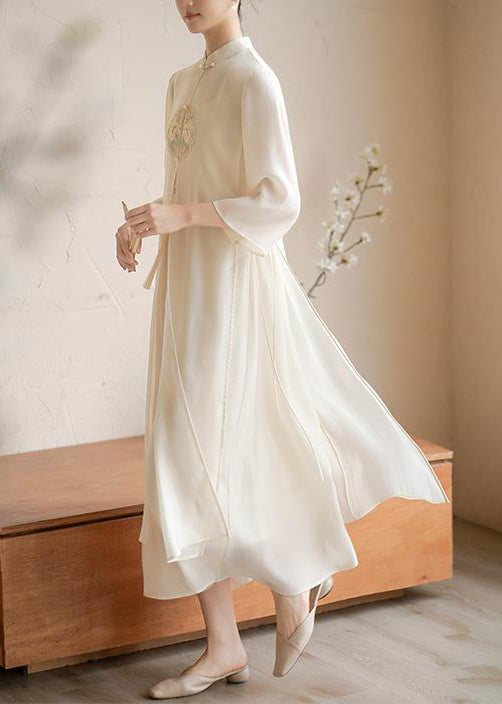 Mandarin Collar Frog Button Embroidered Tassel Side Maxi Dress - View 3