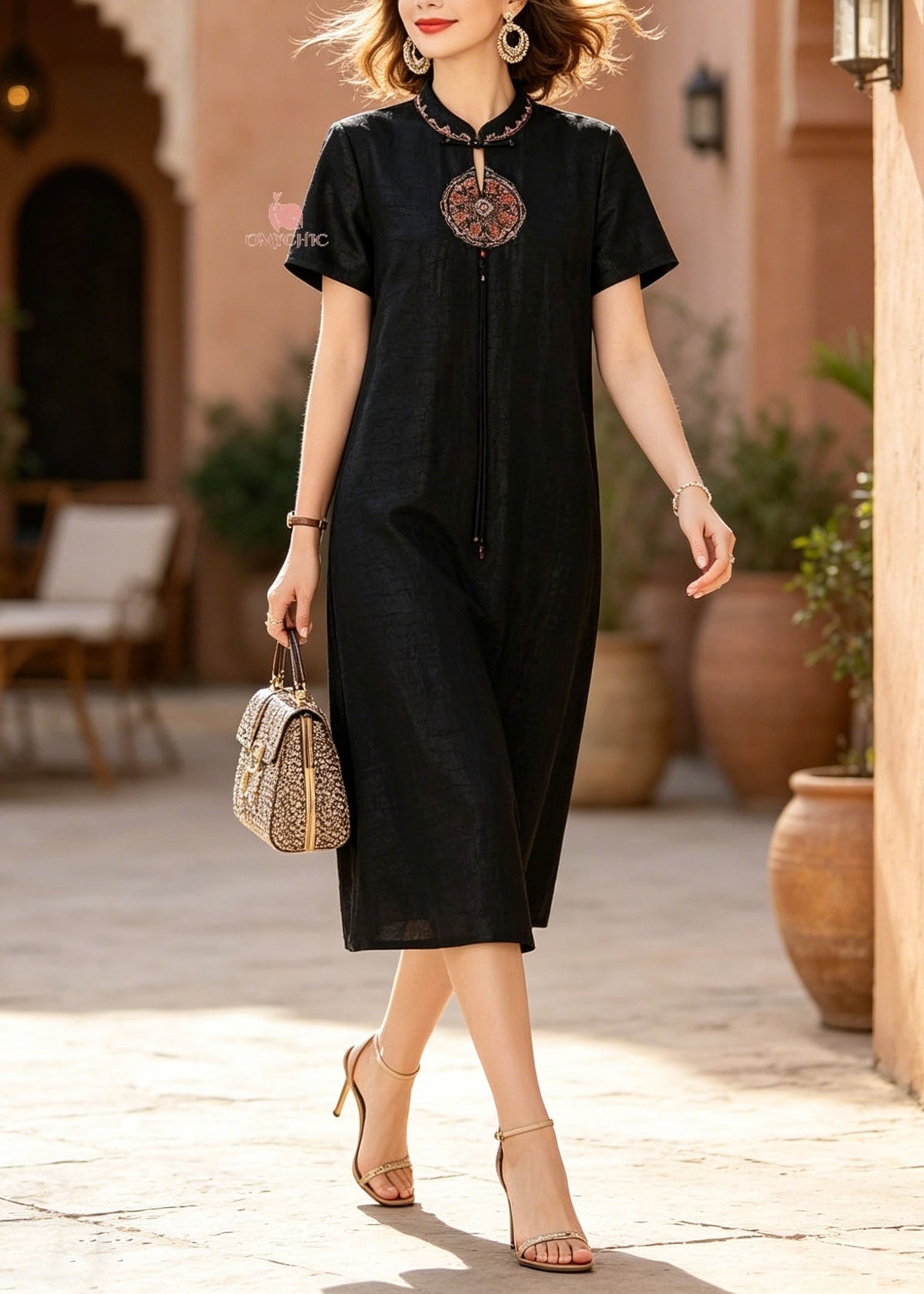 Embroidered Mandarin Collar Cut Out Medallion Shift Midi Dress - View 3