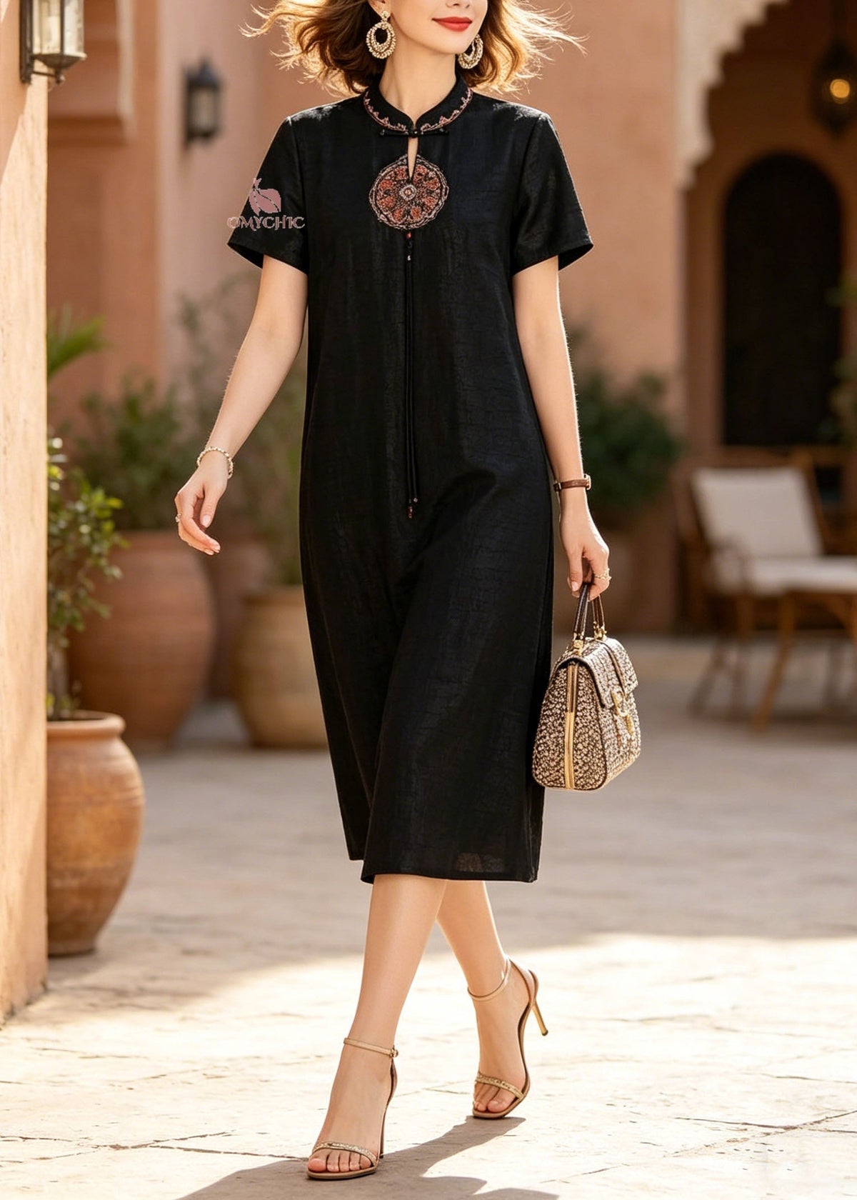 Embroidered Mandarin Collar Cut Out Medallion Shift Midi Dress - View 5