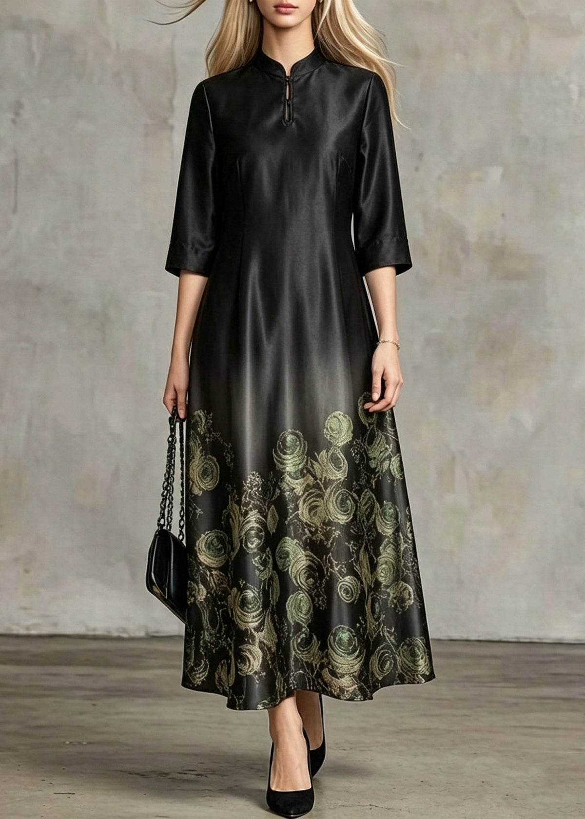 Mandarin Collar Keyhole Rose Print Gradient Hem Midi Dress - View 5