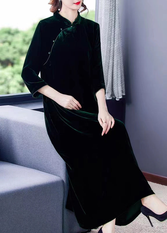 Velvet Mandarin Collar Frog Button Long Sleeve Cheongsam Maxi Dress