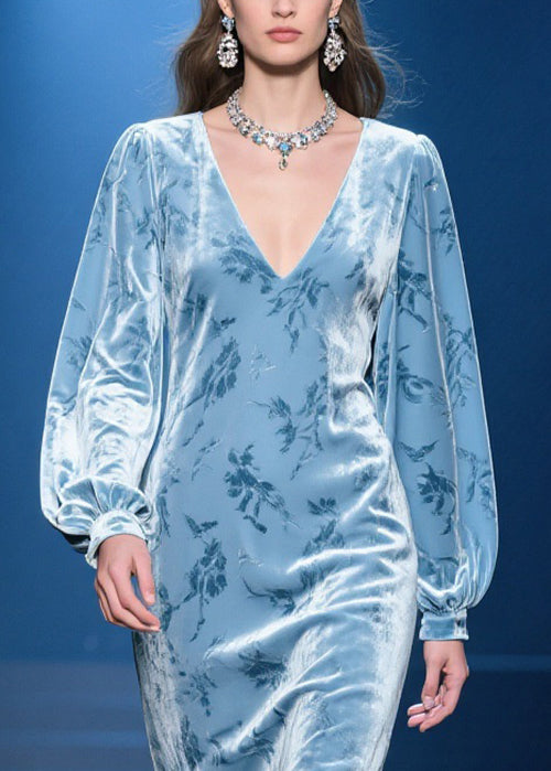 Velvet Floral Deep V-Neck Long Puff Sleeve Faux Fur Trim Midi Dress - View 2