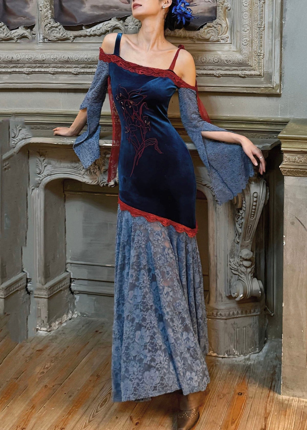 Velvet Floral Embroidery Off Shoulder Lace Bell Sleeve Maxi Gown