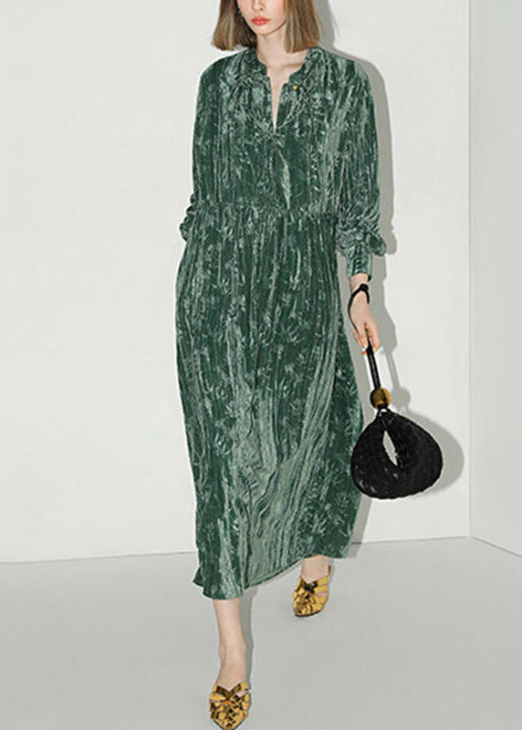Velvet V-Neck Button Placket Mandarin Collar Maxi Dress