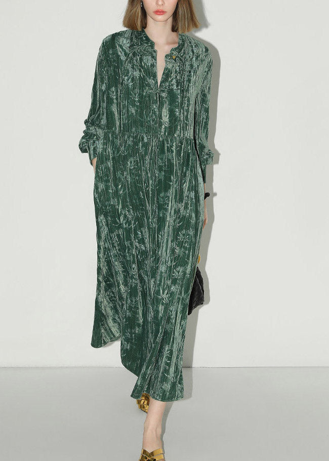 Velvet V-Neck Button Placket Mandarin Collar Maxi Dress - View 3