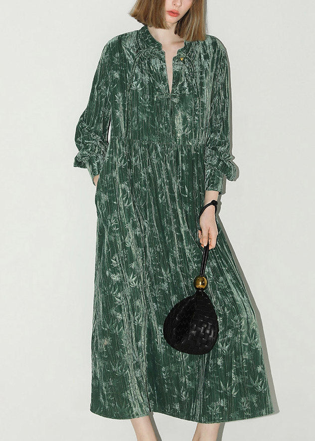 Velvet V-Neck Button Placket Mandarin Collar Maxi Dress - View 5